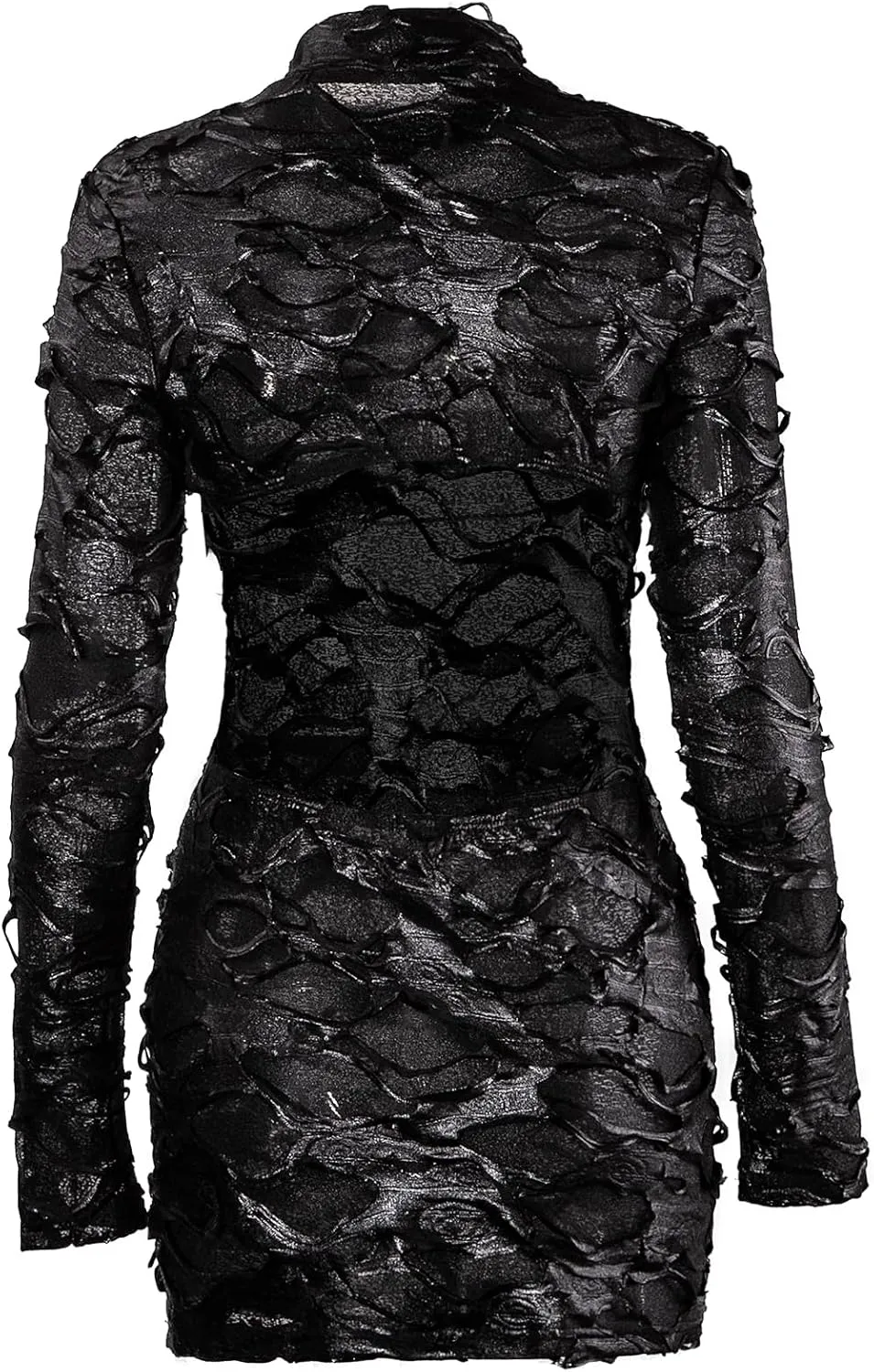 magorange Women Sexy Mock Neck Mesh Hole Hollow Out Mini Dress Long Sleeve Backless Bodycon Mini Club Party Dress