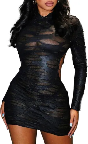 magorange Women Sexy Mock Neck Mesh Hole Hollow Out Mini Dress Long Sleeve Backless Bodycon Mini Club Party Dress