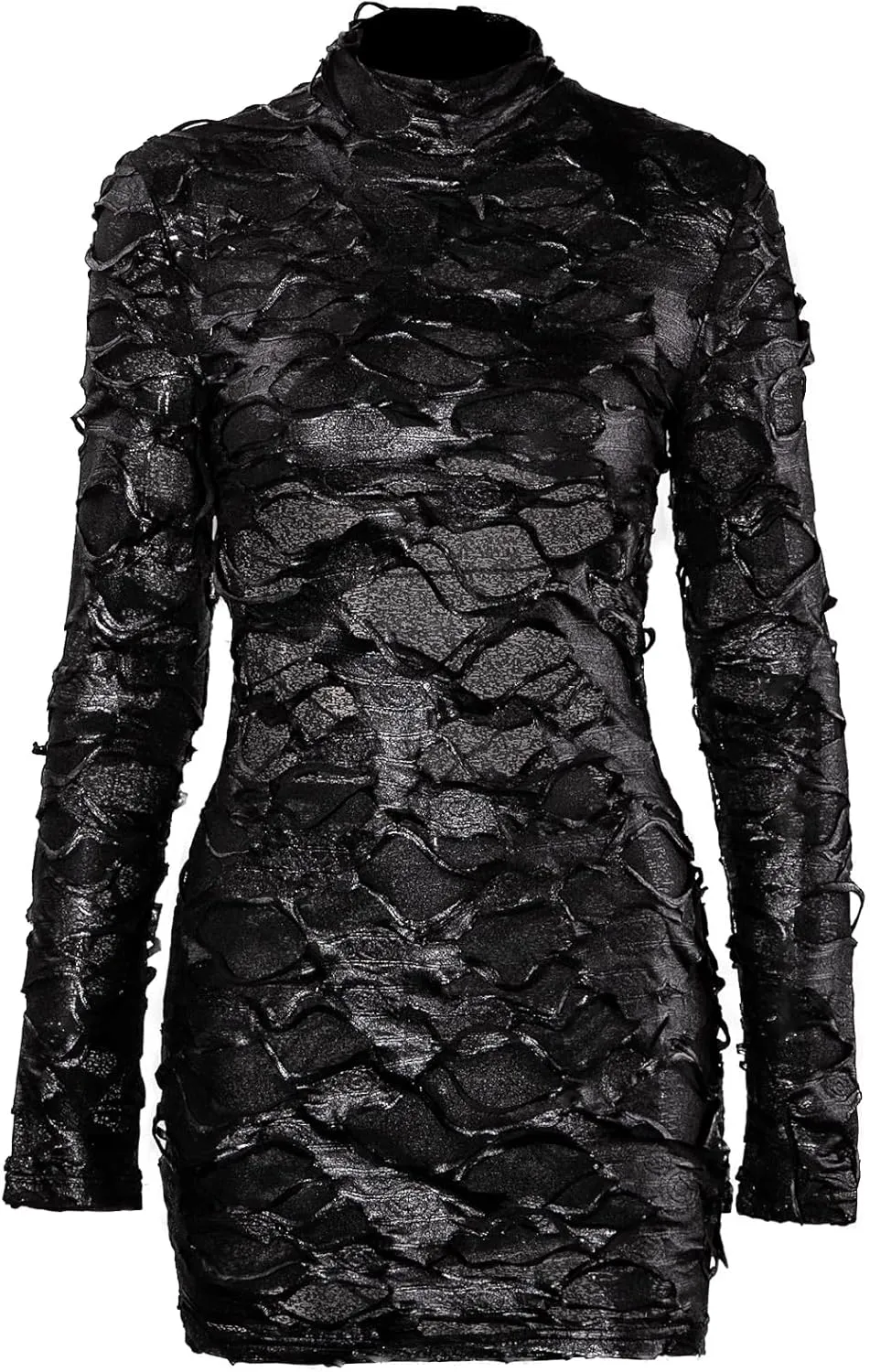 magorange Women Sexy Mock Neck Mesh Hole Hollow Out Mini Dress Long Sleeve Backless Bodycon Mini Club Party Dress