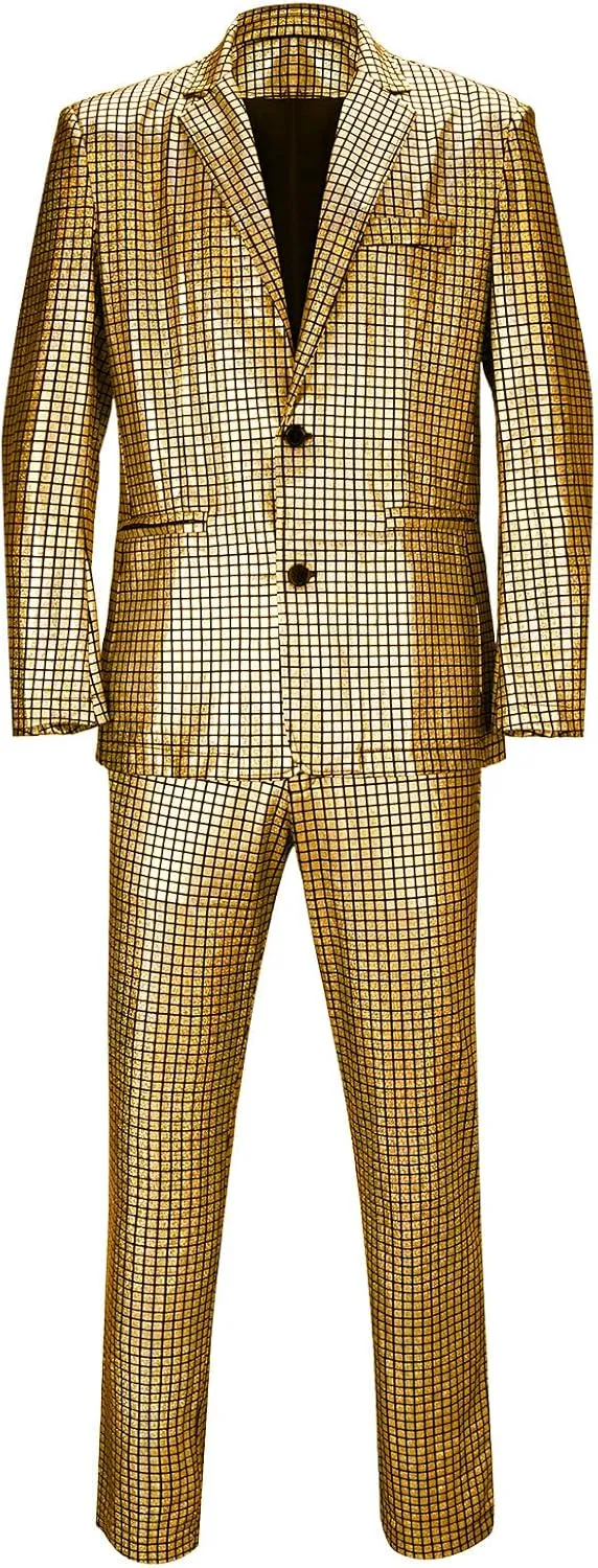 Mens 2 Pieces Disco Costume Jacket Pants Outfit Set Adult 70s Shiny Metallic Sequin Halloween Cosplay Party Suit