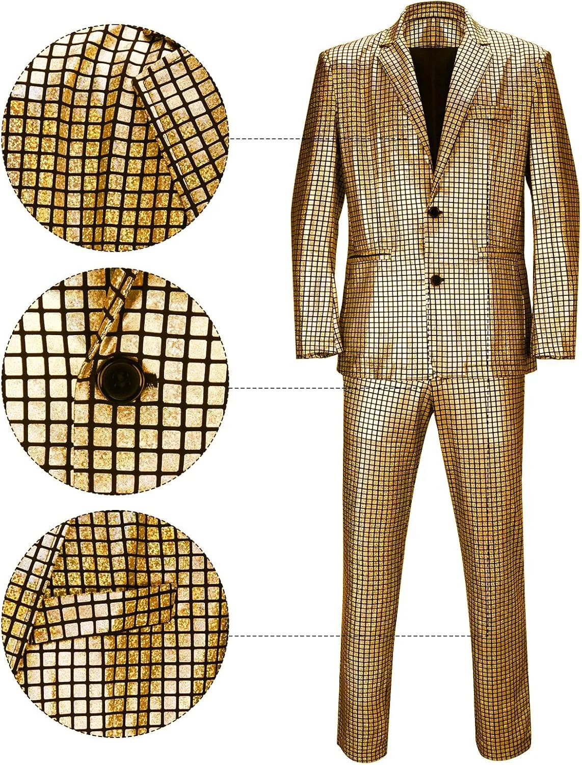 Mens 2 Pieces Disco Costume Jacket Pants Outfit Set Adult 70s Shiny Metallic Sequin Halloween Cosplay Party Suit