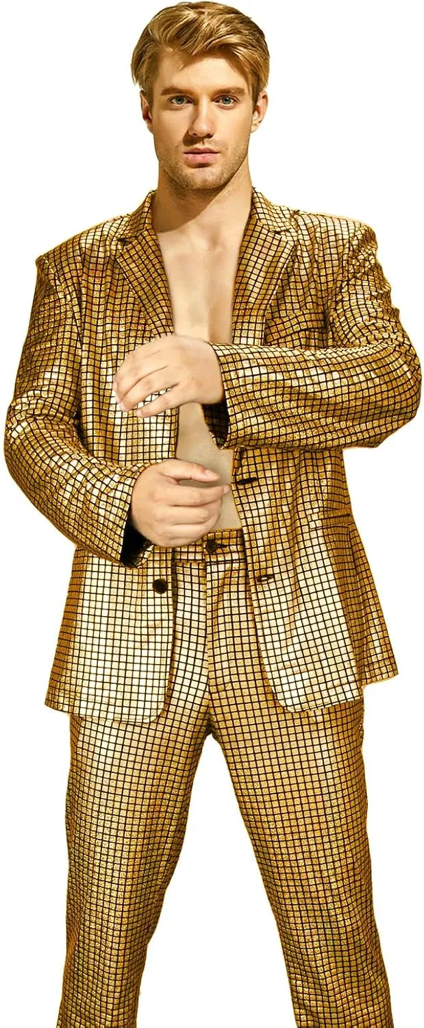 Mens 2 Pieces Disco Costume Jacket Pants Outfit Set Adult 70s Shiny Metallic Sequin Halloween Cosplay Party Suit
