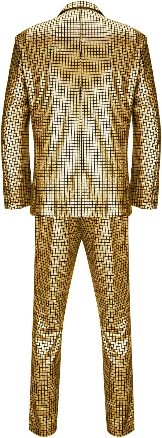 Mens 2 Pieces Disco Costume Jacket Pants Outfit Set Adult 70s Shiny Metallic Sequin Halloween Cosplay Party Suit