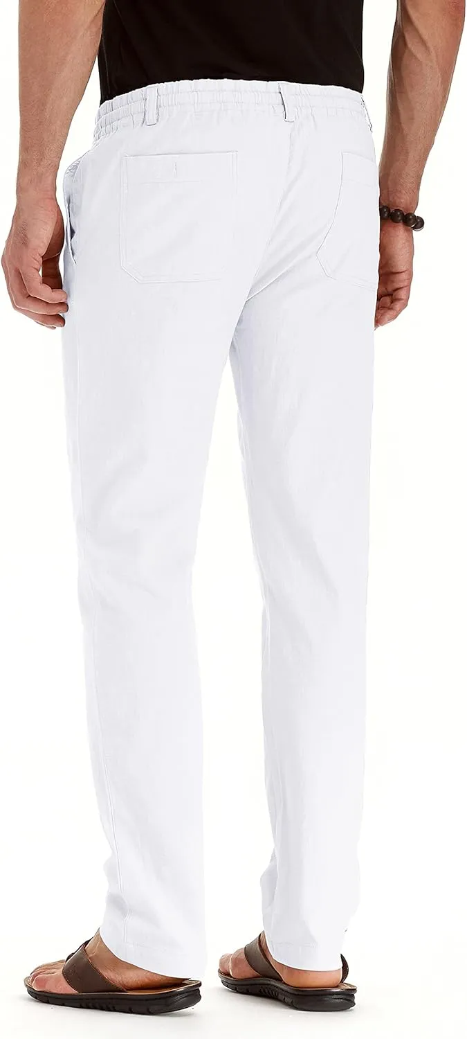 Mens Casual Linen Pants Loose Fit Elastic Drawstring Waist Summer Yoga Beach Trousers