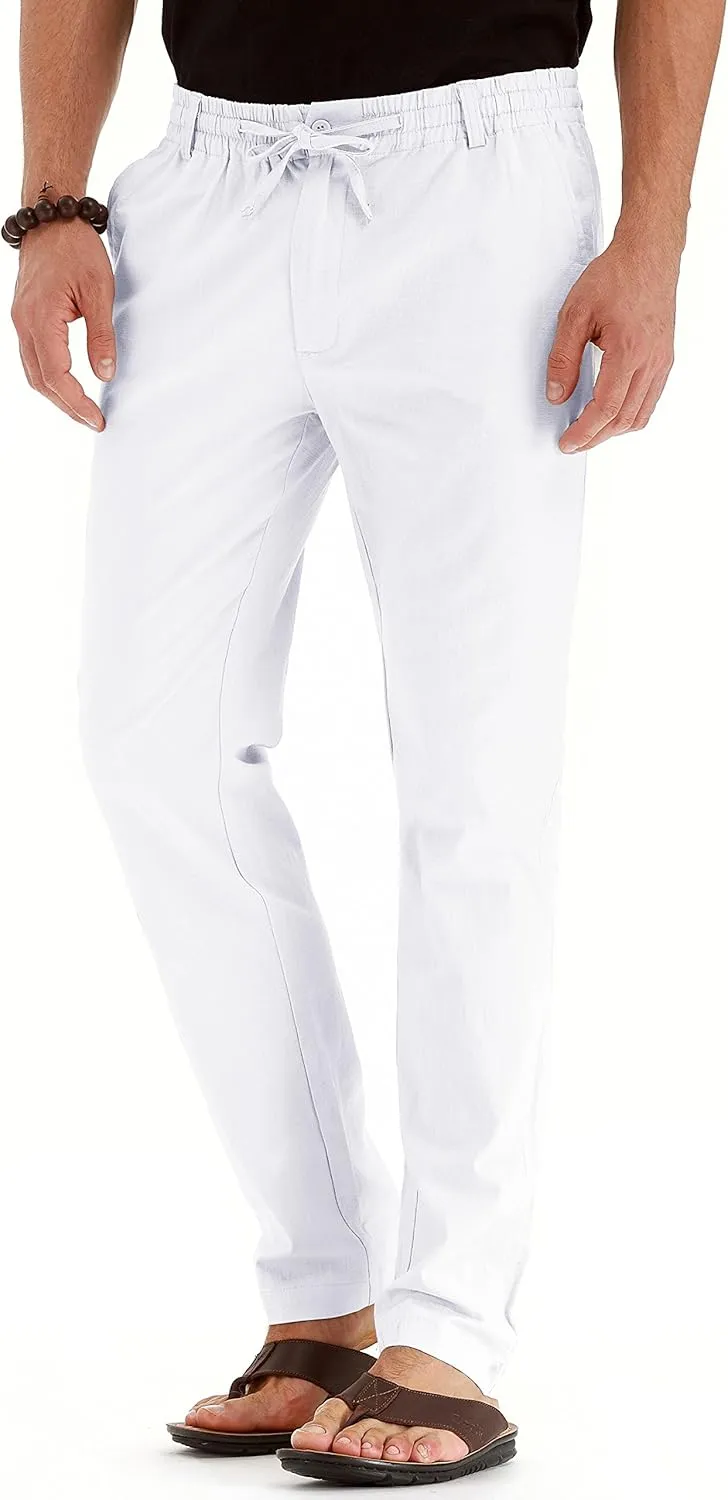 Mens Casual Linen Pants Loose Fit Elastic Drawstring Waist Summer Yoga Beach Trousers