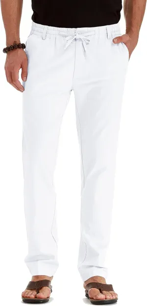 Mens Casual Linen Pants Loose Fit Elastic Drawstring Waist Summer Yoga Beach Trousers