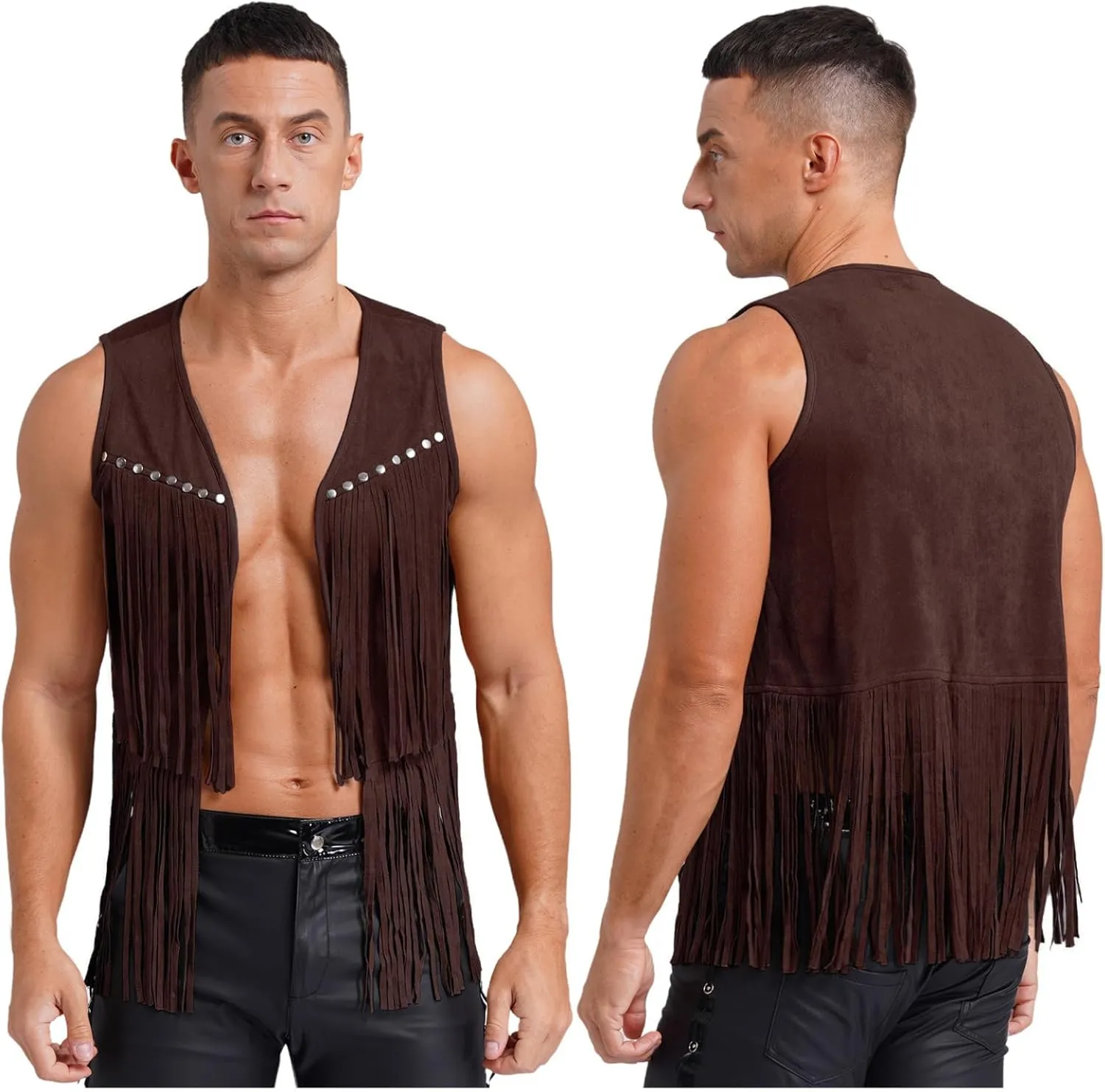 Men's Cowboy Western Suede Leather Tassel Sleeveless Vest Jacket Gothic Waistcoat Coat