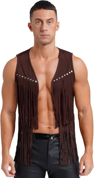 Men's Cowboy Western Suede Leather Tassel Sleeveless Vest Jacket Gothic Waistcoat Coat