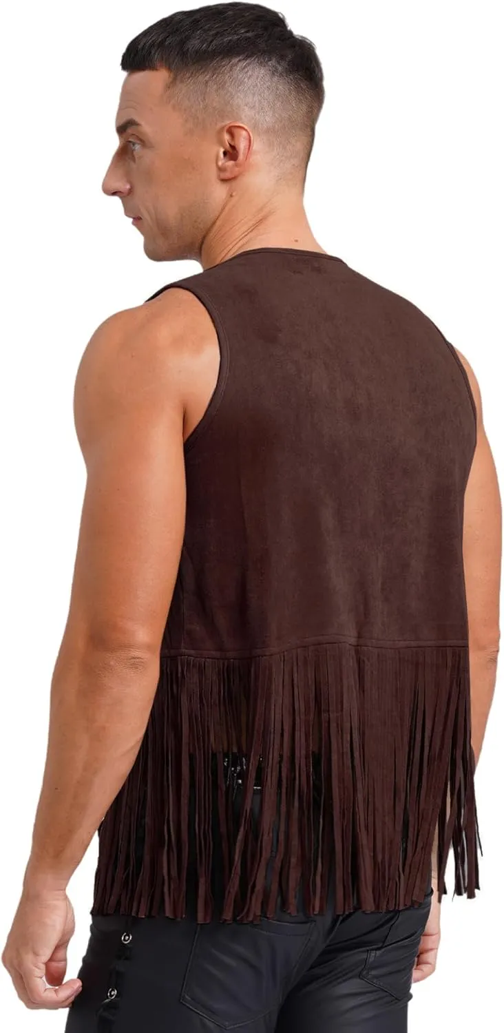 Men's Cowboy Western Suede Leather Tassel Sleeveless Vest Jacket Gothic Waistcoat Coat