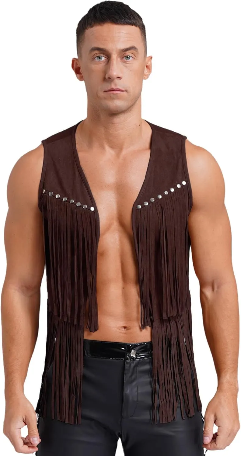 Men's Cowboy Western Suede Leather Tassel Sleeveless Vest Jacket Gothic Waistcoat Coat