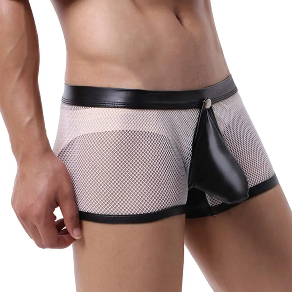 Men's Sexy Underwear Bulge Pouch See Through Mesh Underpants Low Rise Trunks Boxers Briefs Faux Leather Front