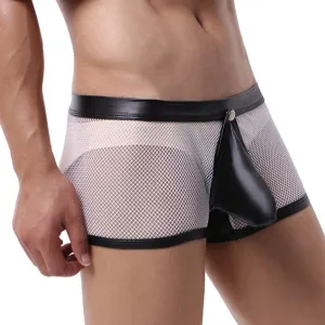 Men's Sexy Underwear Bulge Pouch See Through Mesh Underpants Low Rise Trunks Boxers Briefs Faux Leather Front
