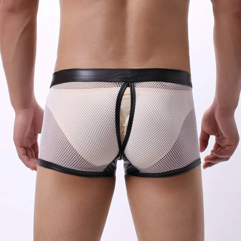 Men's Sexy Underwear Bulge Pouch See Through Mesh Underpants Low Rise Trunks Boxers Briefs Faux Leather Front