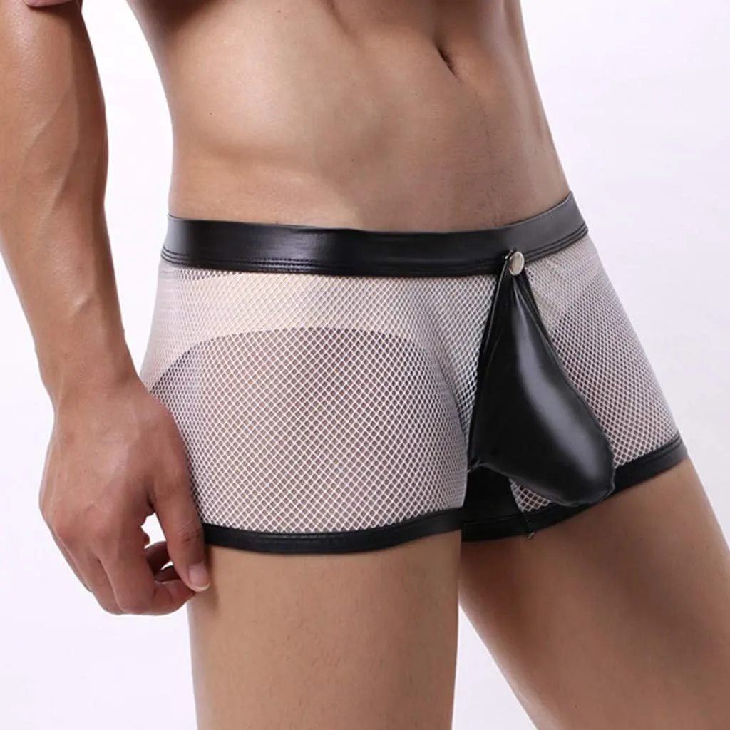 Men's Sexy Underwear Bulge Pouch See Through Mesh Underpants Low Rise Trunks Boxers Briefs Faux Leather Front