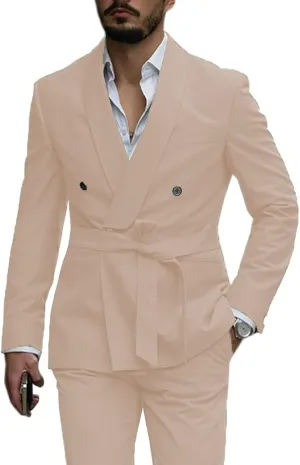 Mens Suits 2 PCS Slim Fit Shawl Lapel Solid Double Breasted Tuxedo w/Belt for Work Wedding Party