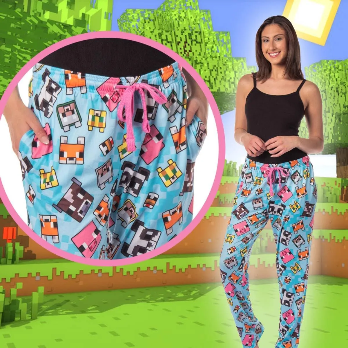 Minecraft Women's Chibi Animal Face Blocks AOP Pajama Lounge PJ Pants