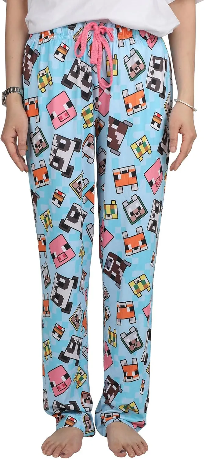 Minecraft Women's Chibi Animal Face Blocks AOP Pajama Lounge PJ Pants