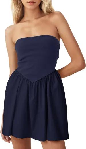 MISSACTIVER Women Strapless Tube Top Mini Dress Off Shoulder Sleeveless Drop-Waist A Line Short Dress Summer Patchwork Dress