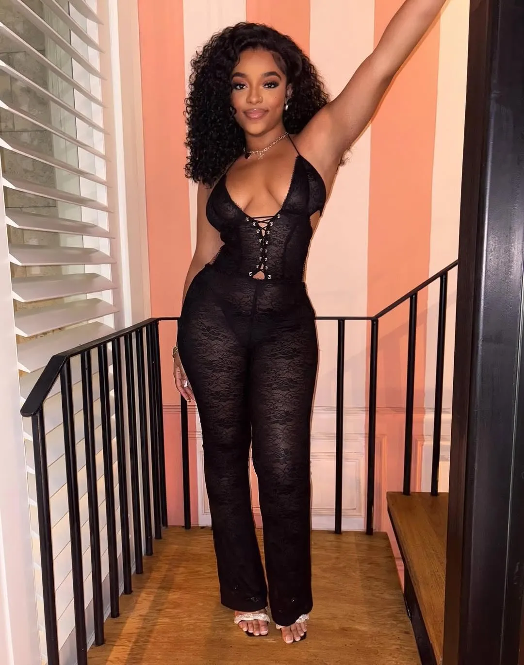 Molilove Women's Lace Jumpsuits Stretch See Through V Neck Backless Flare Pants Rompers Sexy One Piece Outfits Night Clubwear