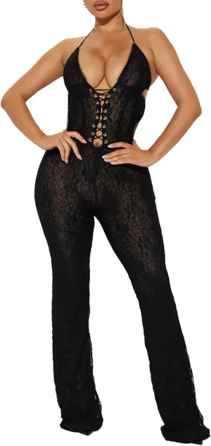 Molilove Women's Lace Jumpsuits Stretch See Through V Neck Backless Flare Pants Rompers Sexy One Piece Outfits Night Clubwear