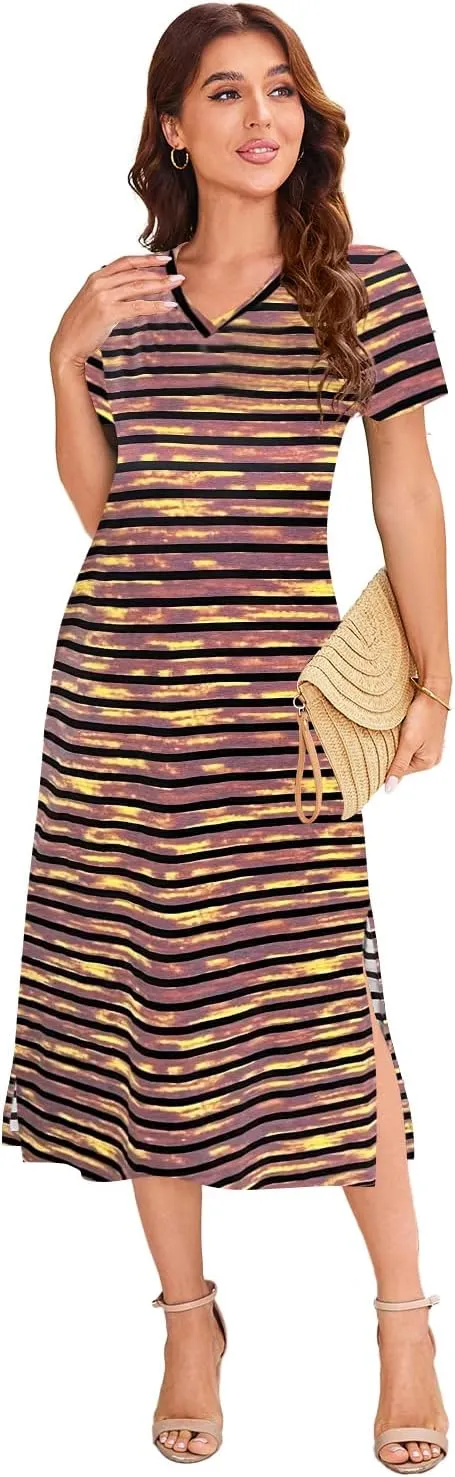 Naggoo Womens V Neck Striped Midi Dress Short Sleeve Split Summer Casual Beach T Shirt Dresses with Pockets