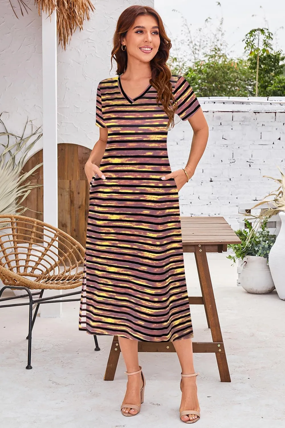 Naggoo Womens V Neck Striped Midi Dress Short Sleeve Split Summer Casual Beach T Shirt Dresses with Pockets