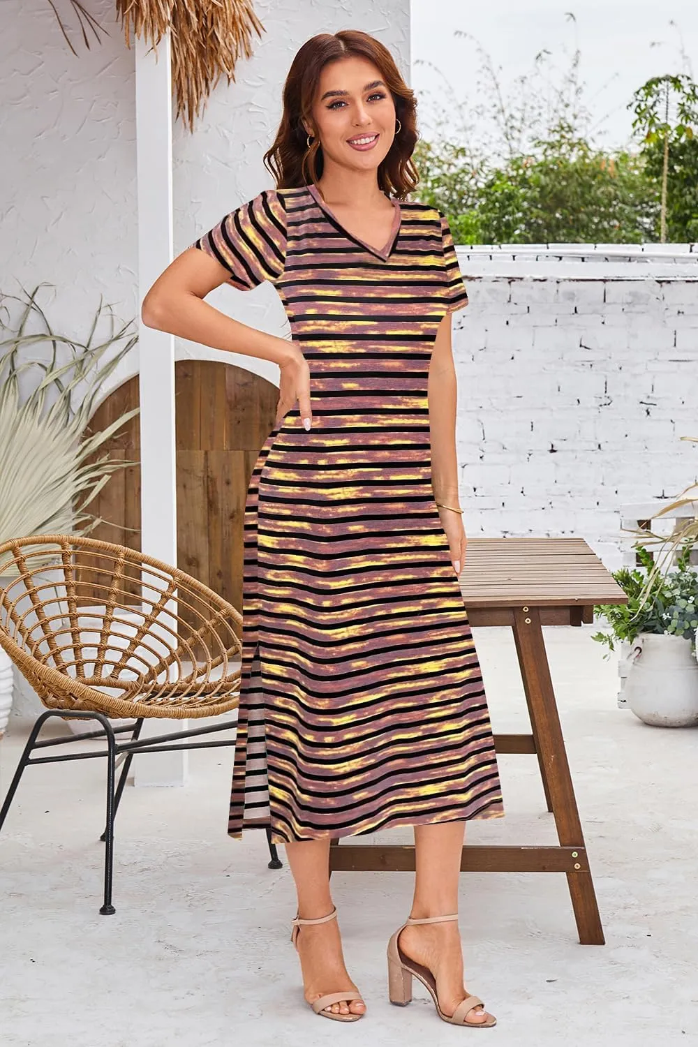 Naggoo Womens V Neck Striped Midi Dress Short Sleeve Split Summer Casual Beach T Shirt Dresses with Pockets