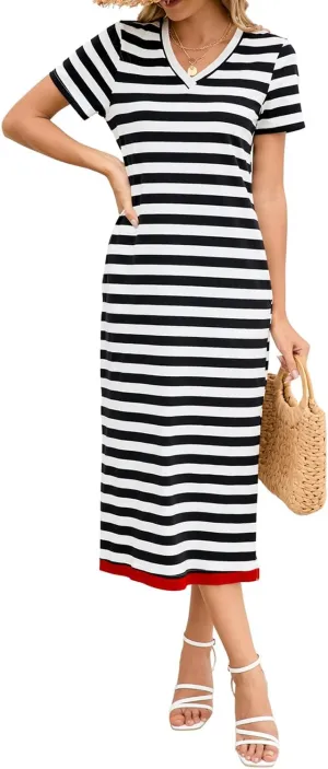 Naggoo Womens V Neck Striped Midi Dress Short Sleeve Split Summer Casual Beach T Shirt Dresses with Pockets