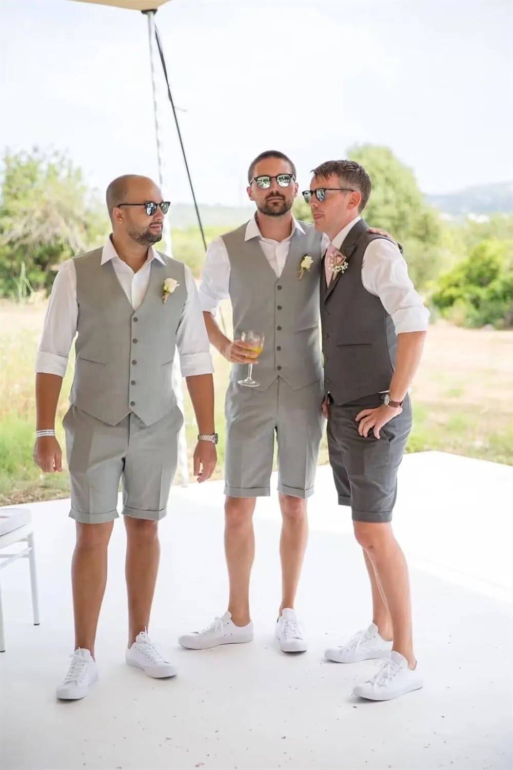 Netsky Mens Linen Suit 2 Piece Slim Fit Short Suits Lightweight Prom Tuxedo Vest and Short Pants for Summer Beach Wedding