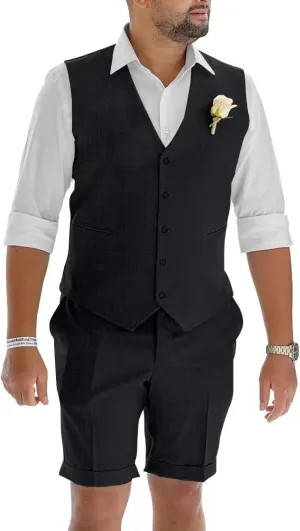 Netsky Mens Linen Suit 2 Piece Slim Fit Short Suits Lightweight Prom Tuxedo Vest and Short Pants for Summer Beach Wedding