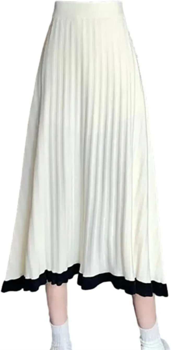 OLEETS Women's Knitted Skirt - Autumn Winter Elastic High Waist Long Skirts Women Korean Style Patchwork Pleated Knit