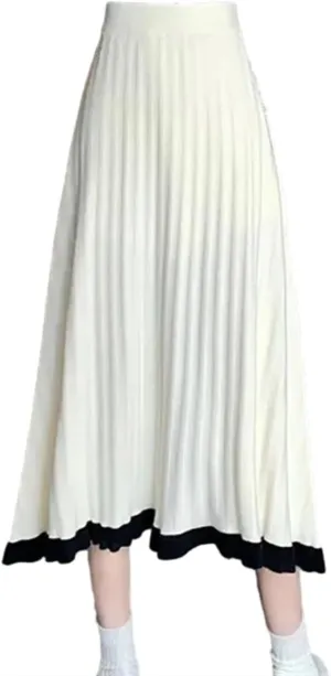 OLEETS Women's Knitted Skirt - Autumn Winter Elastic High Waist Long Skirts Women Korean Style Patchwork Pleated Knit