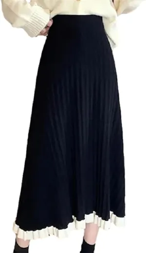 OLEETS Women's Knitted Skirt - Autumn Winter Elastic High Waist Long Skirts Women Korean Style Patchwork Pleated Knit
