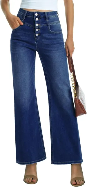 ONESO Women Flare Jeans High Waisted Stretch Button Fly Women's Wide Leg Baggy Jeans 90s Tummy Control Denim Pants