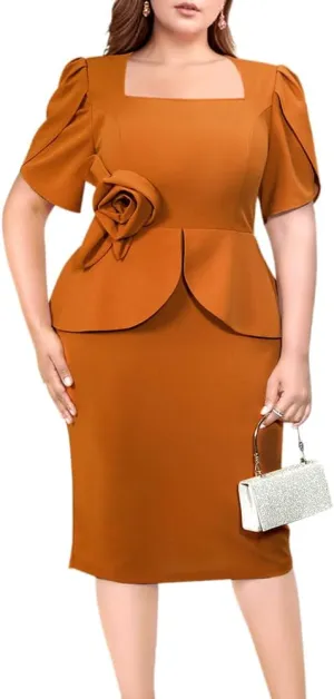 ONTINVA Plus Size Dress for Curvy Women Midi Church Wear to Work Bodycon Vintage Rose Ruffled Peplum Sheath Pencil Dress
