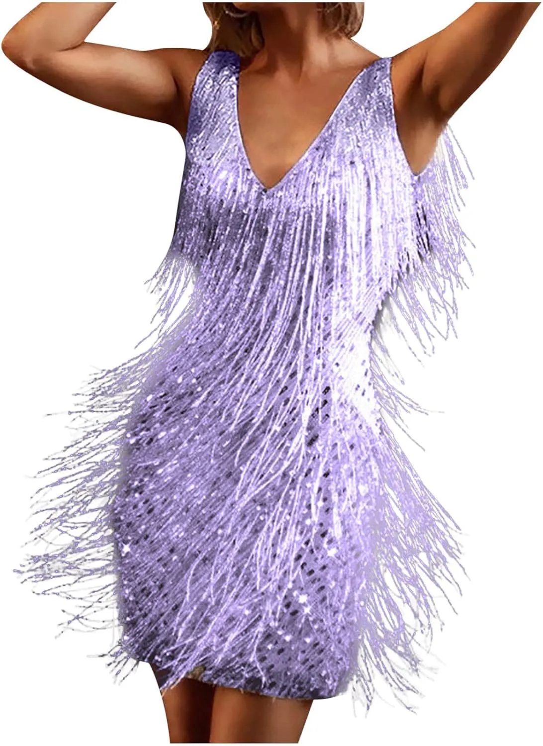 Oplxuo Cocktail Dresses for Women Sexy Deep V-Neck All-Over Fringe Spaghetti Straps Dress Sequins Feather Prom Party Dress