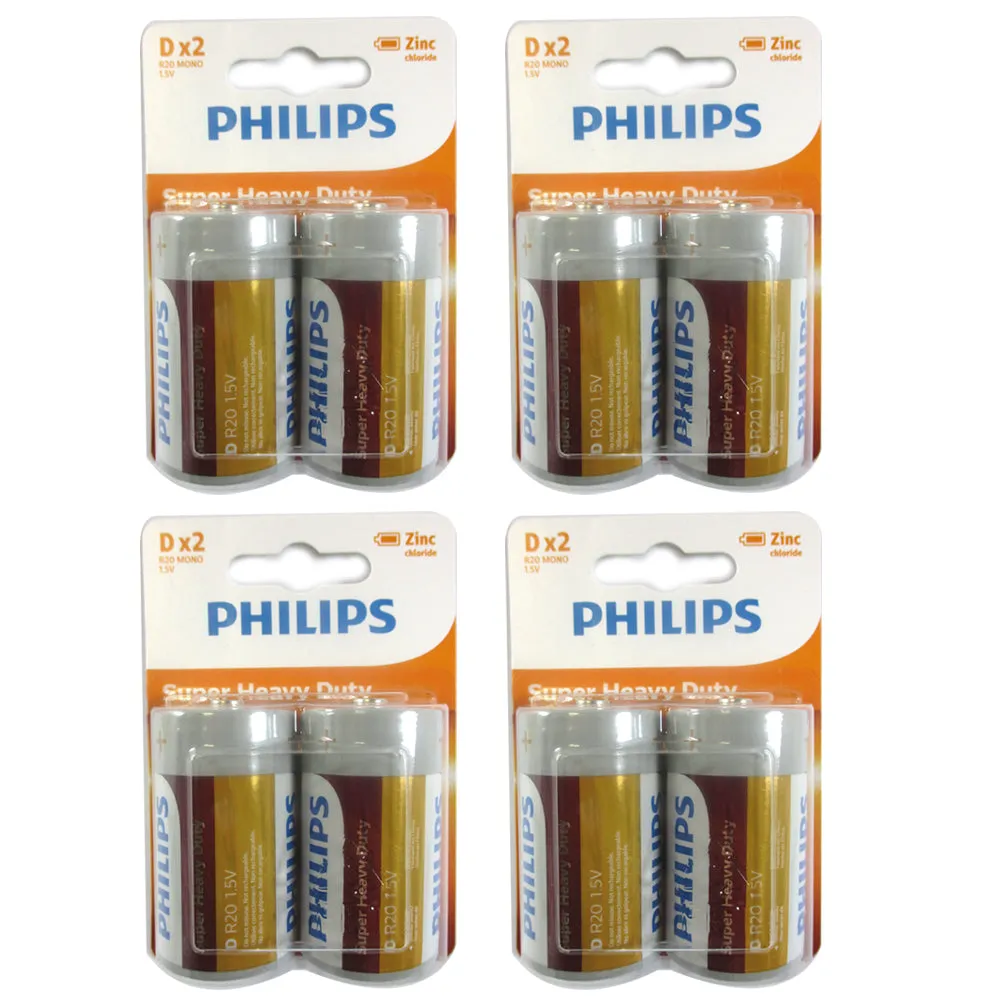 Pack 8 Philips Size D Cell Batteries Battery 1.5v Heavy Duty Fresh Exp 05/2022