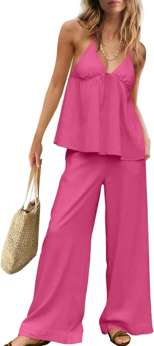 Panadila Women Linen Sets 2 Piece Outfits Two Piece Lounge Set V Neck Tank Tops and Wide Leg Pants Summer Outfit