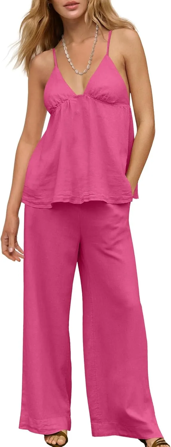 Panadila Women Linen Sets 2 Piece Outfits Two Piece Lounge Set V Neck Tank Tops and Wide Leg Pants Summer Outfit