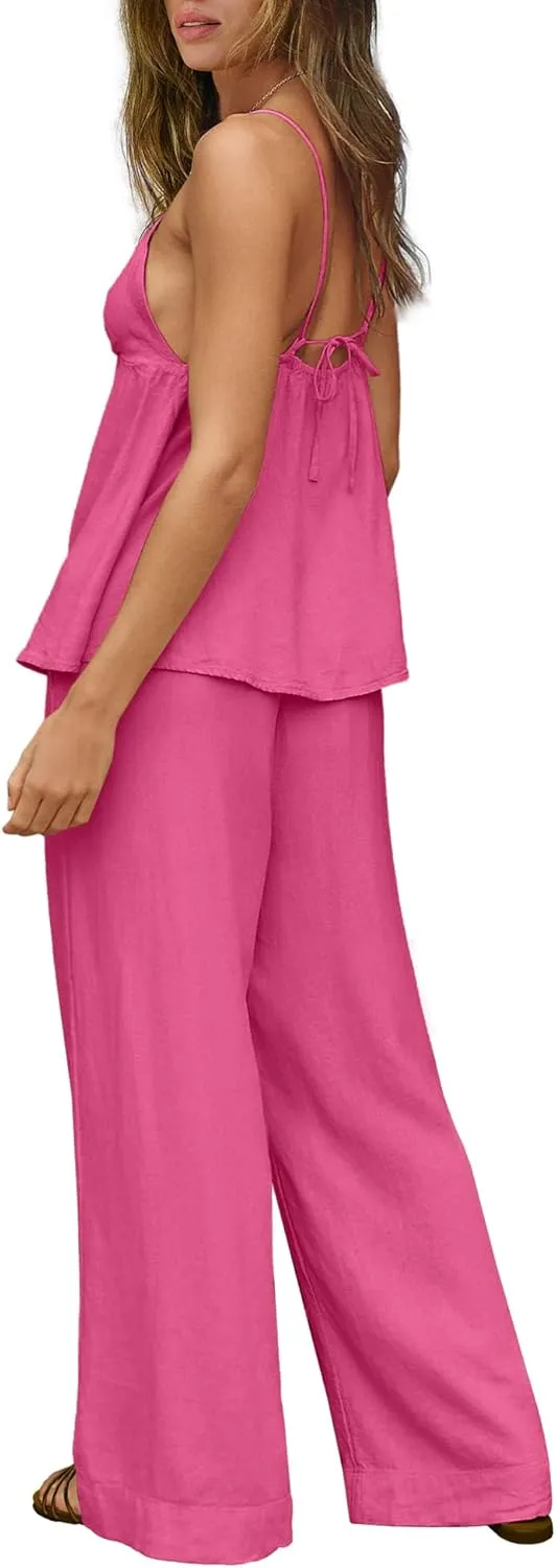 Panadila Women Linen Sets 2 Piece Outfits Two Piece Lounge Set V Neck Tank Tops and Wide Leg Pants Summer Outfit