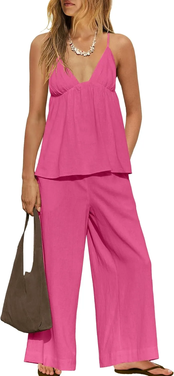Panadila Women Linen Sets 2 Piece Outfits Two Piece Lounge Set V Neck Tank Tops and Wide Leg Pants Summer Outfit