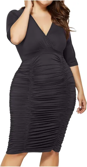 Plus Size Dresses for Curvy Women Formal Guest Ruched V Neck Low Cut Gowns Half Sleeve Elegant Evening Dresses