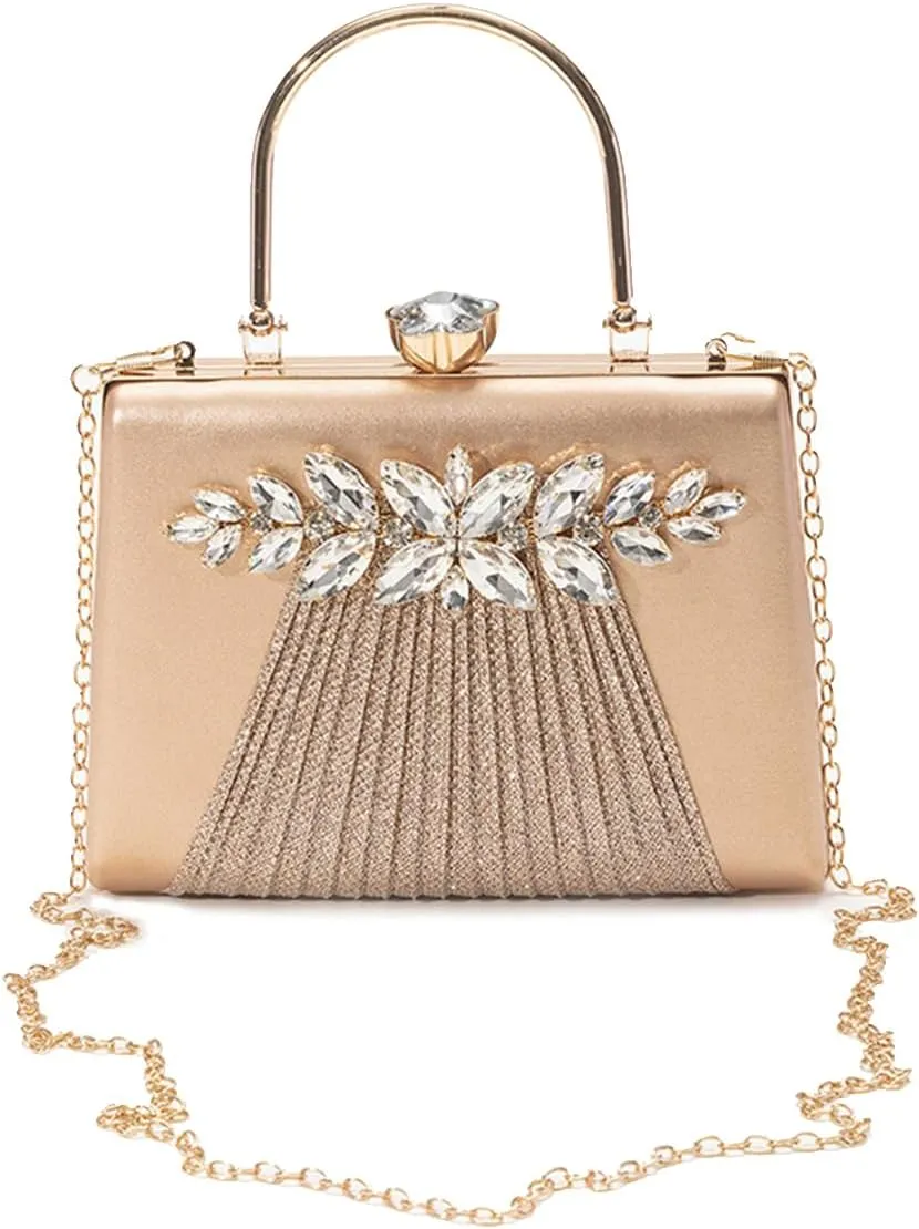 Rhinestone Evening Bag for Women Sequin Pleated Clutch Bag Bridal Wedding Purse Crystal Shoulder Bag Glitter Handbag