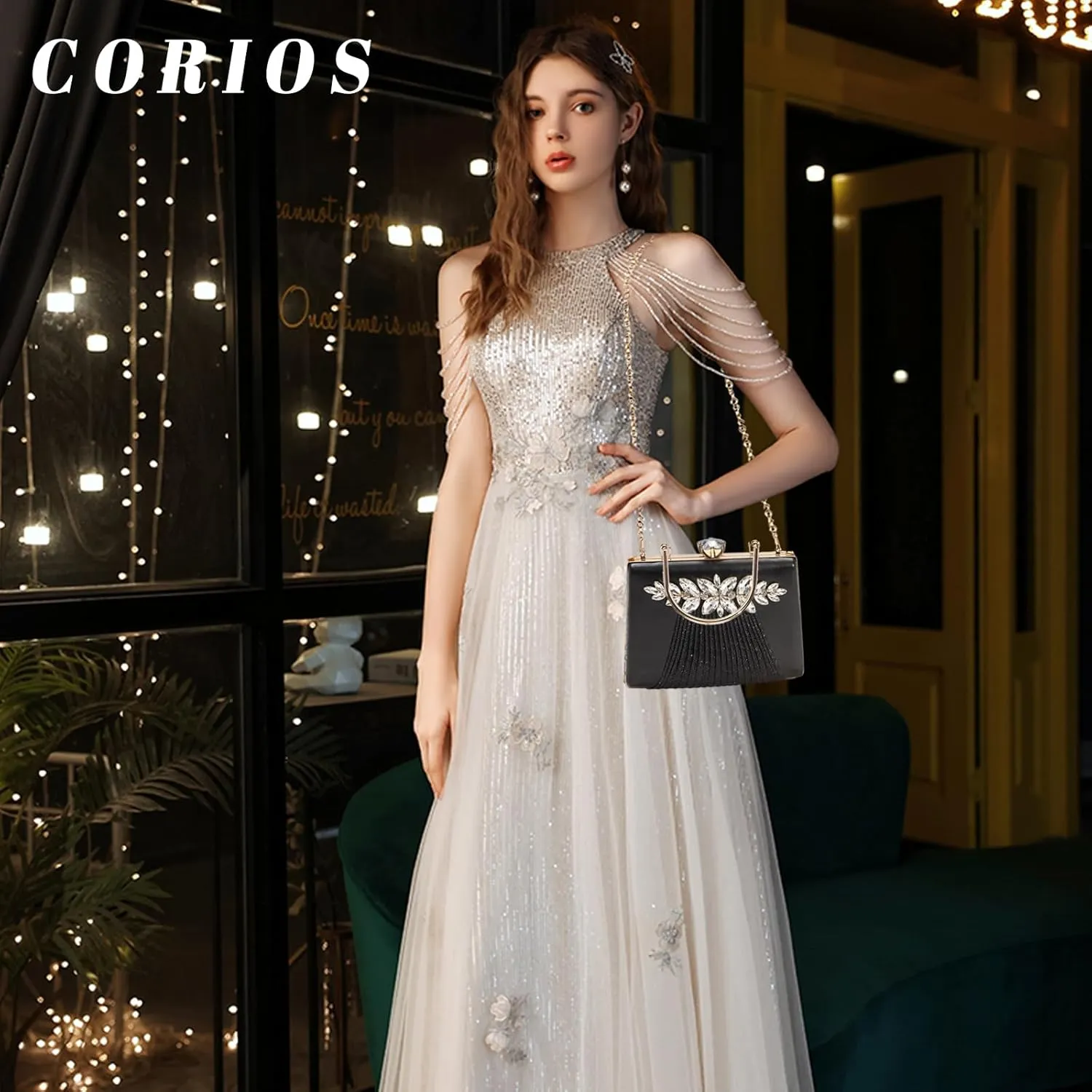 Rhinestone Evening Bag for Women Sequin Pleated Clutch Bag Bridal Wedding Purse Crystal Shoulder Bag Glitter Handbag