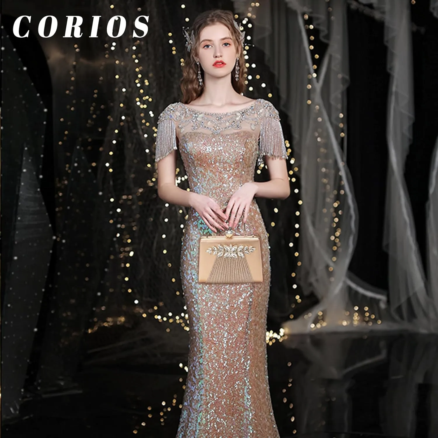Rhinestone Evening Bag for Women Sequin Pleated Clutch Bag Bridal Wedding Purse Crystal Shoulder Bag Glitter Handbag