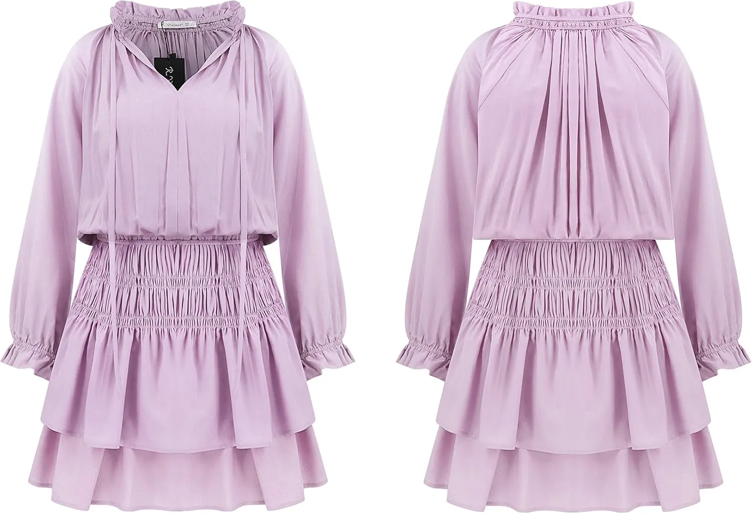 R.Vivimos Women's Cotton Long Sleeves V Neck Layered Ruffles Pleated Swing Mini Dress