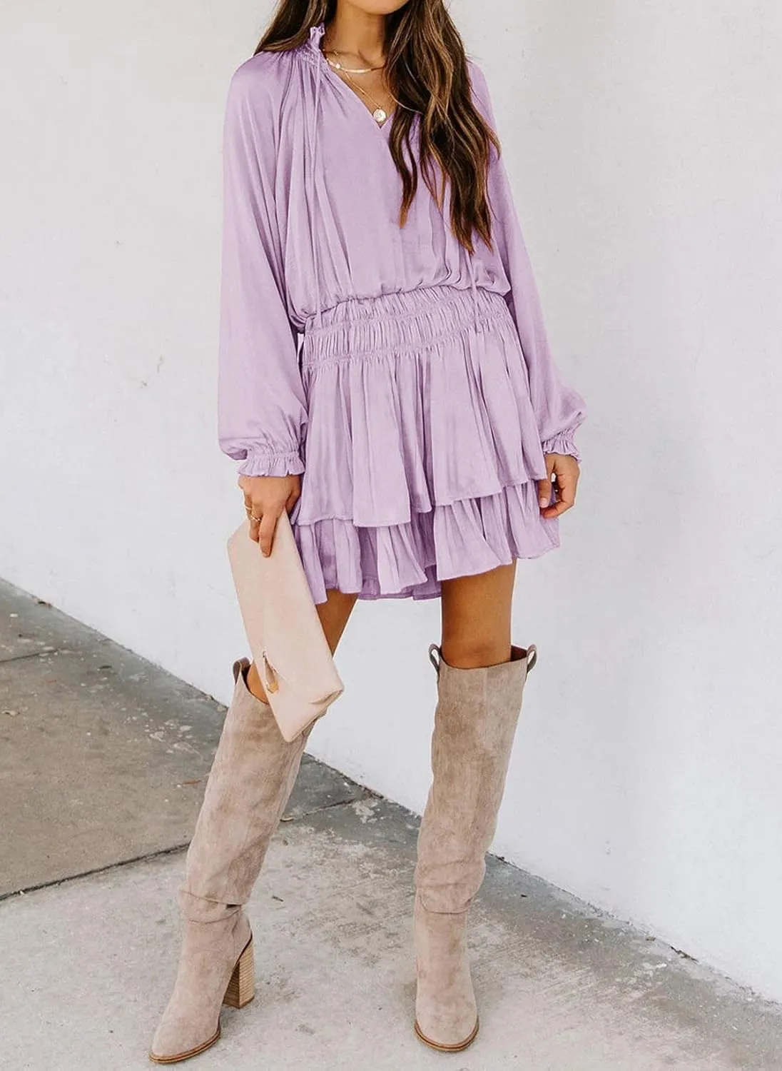 R.Vivimos Women's Cotton Long Sleeves V Neck Layered Ruffles Pleated Swing Mini Dress