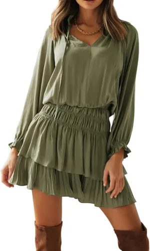 R.Vivimos Women's Cotton Long Sleeves V Neck Layered Ruffles Pleated Swing Mini Dress