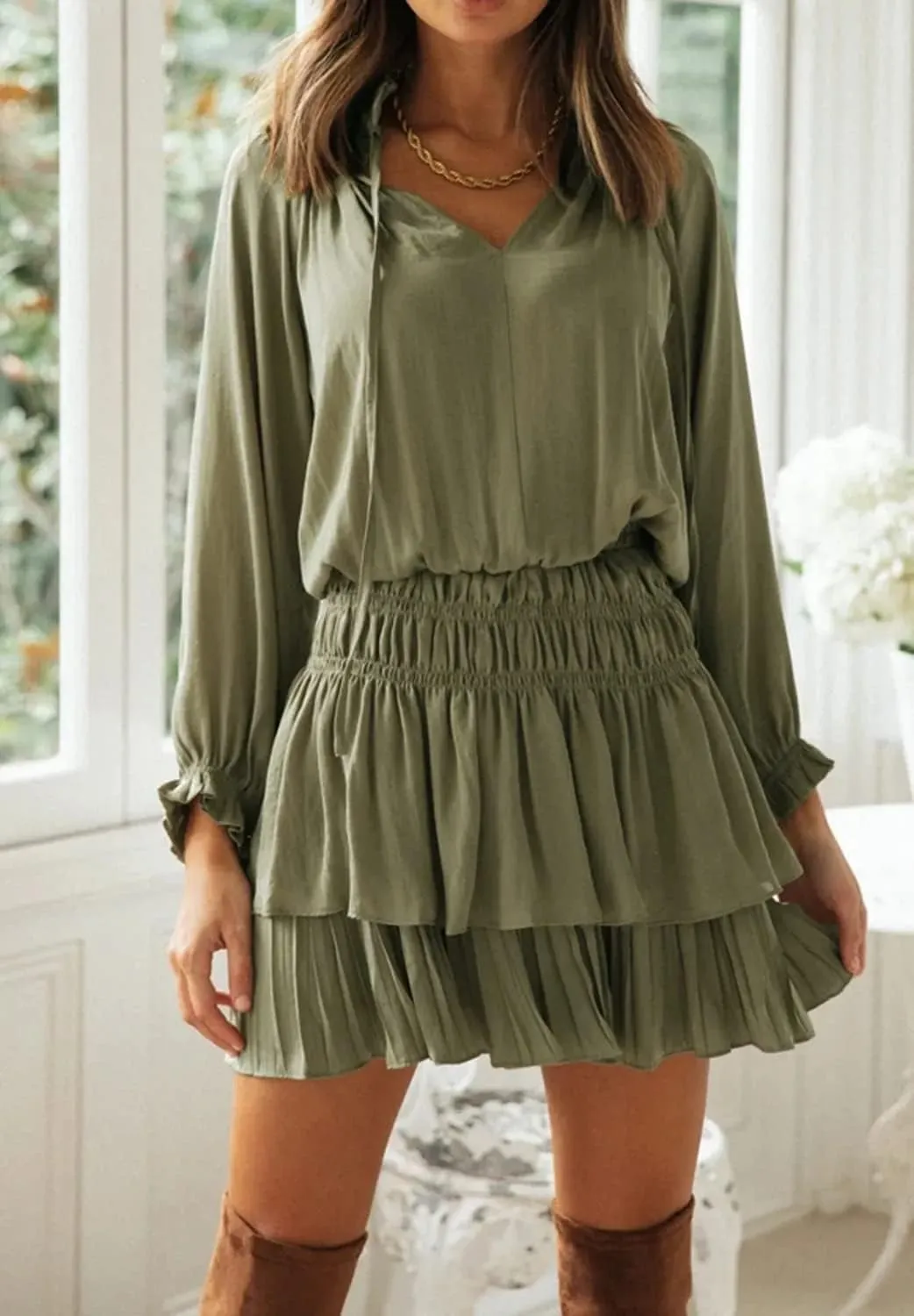 R.Vivimos Women's Cotton Long Sleeves V Neck Layered Ruffles Pleated Swing Mini Dress