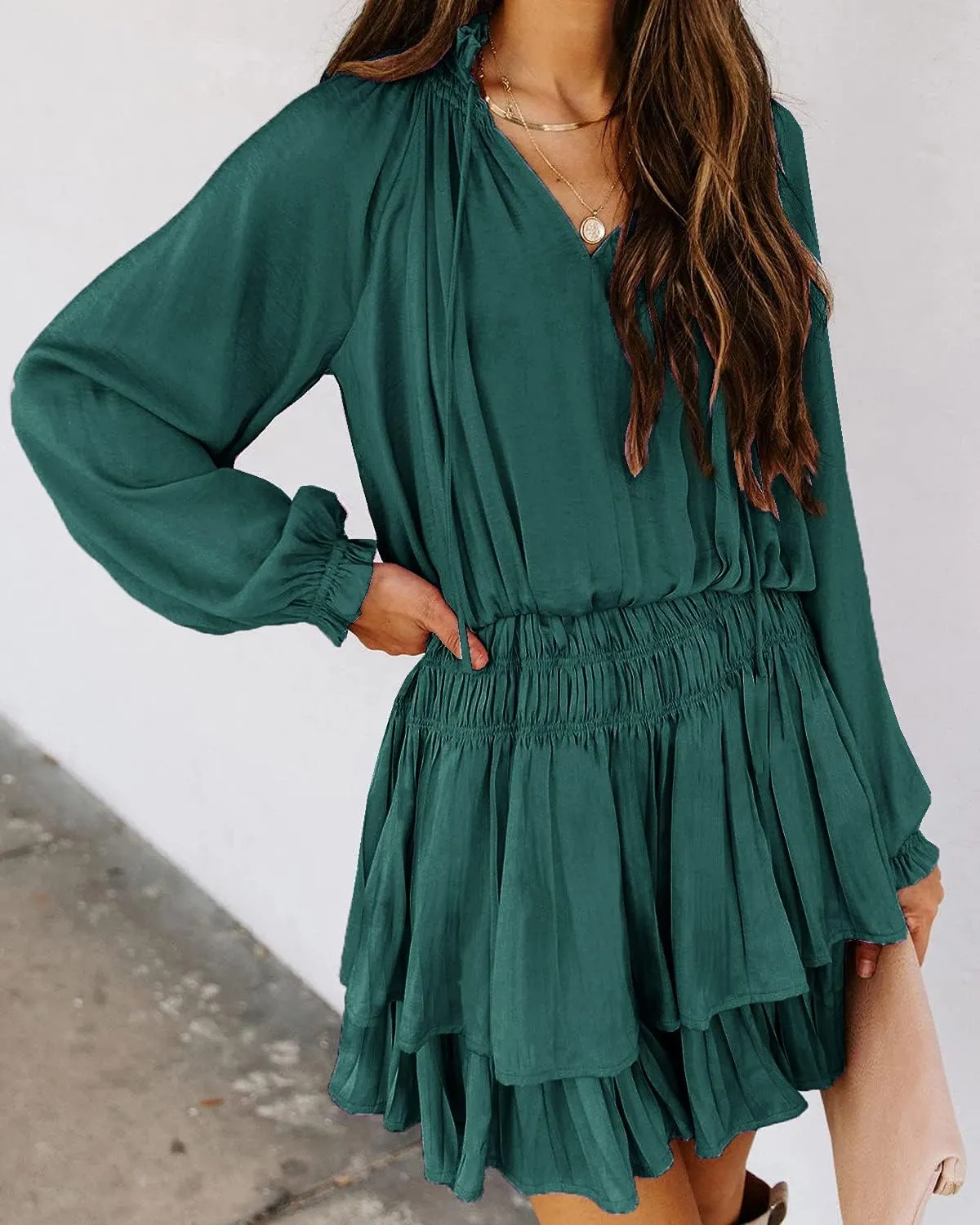 R.Vivimos Women's Cotton Long Sleeves V Neck Layered Ruffles Pleated Swing Mini Dress
